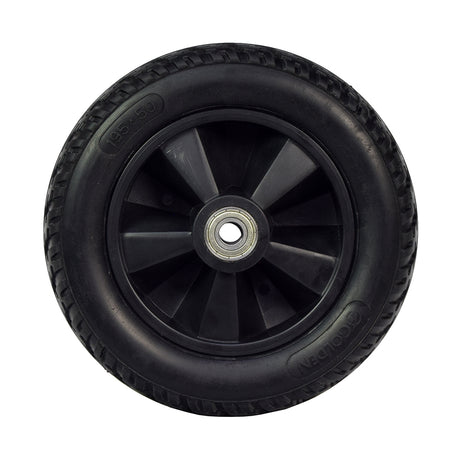 195x50 Front Wheel Assembly for the Golden Technologies Buzzaround XL (GB146) featuring an 8” low profile, non-marking black tire with exclusive tread design, mounted on a polished hubcap and rim.