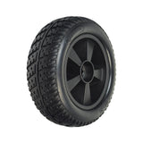 Rear Wheel Assembly for the Golden Technologies Buzzaround XL (GB116/GB146) & Buzzaround Lite (GB106) featuring an 8” low profile black tire with a black rim and exclusive tread design.