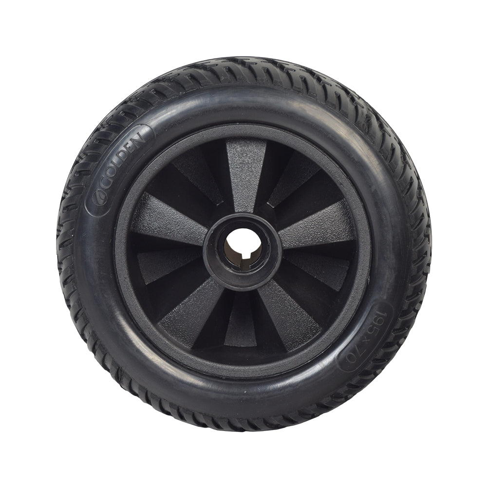 Rear Wheel Assembly for the Golden Technologies Buzzaround XL (GB116/GB146) & Buzzaround Lite (GB106) featuring an 8” non-marking black tire with exclusive tread design and black rim.