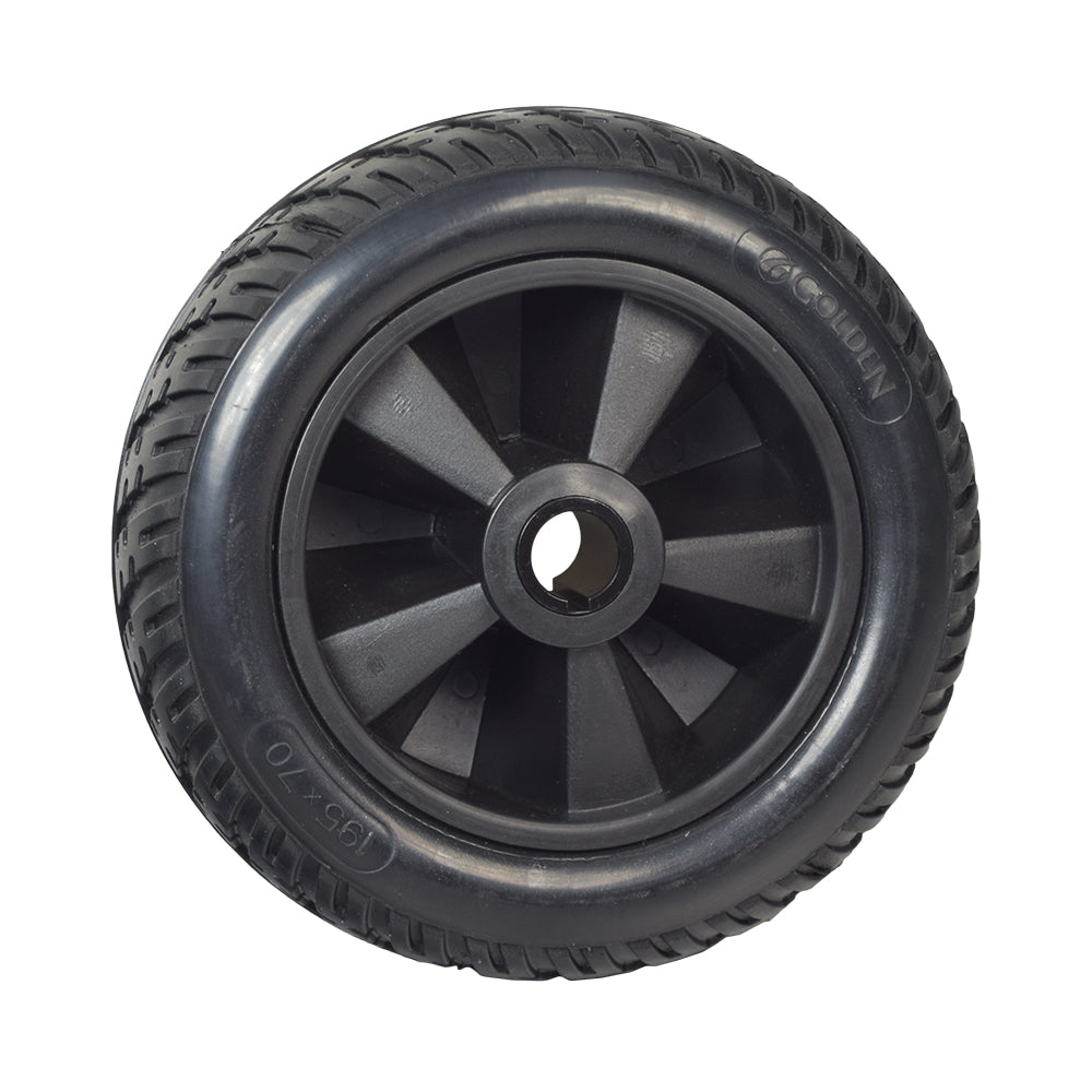 Rear Wheel Assembly for the Golden Technologies Buzzaround XL (GB116/GB146) & Buzzaround Lite (GB106), featuring a close-up of an 8” black tire with a sleek black rim and unique tread design.