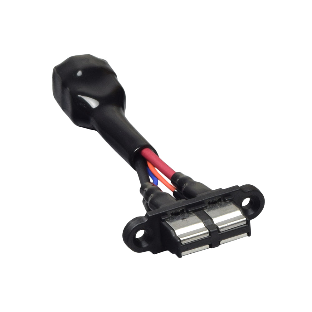 Motor and Brake Rear Harness for the Golden Technologies Buzzaround XL (GB116) featuring a black electrical connector with attached red and blue wires, designed to connect the motor to the controller effectively.