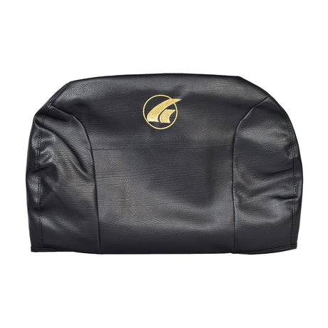 18x16 Black Vinyl Seat Back Cover for the Golden Technologies Buzzaround and LiteRider Series Scooters, featuring a black leather surface with a logo, designed to replace worn or discolored seat backs.