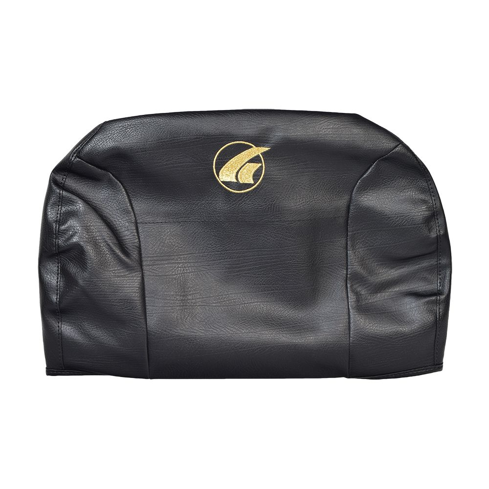 20 x 18 Black Vinyl Seat Back Cover for Golden Buzzaround & LiteRider Series Scooters, featuring a logo on the smooth black surface and a storage pocket on the rear.