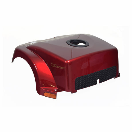 Red Rear Shroud Assembly for Golden Companion I (GC240) and II (GC340, GC440) Scooters, featuring a red metal panel with a central hole, designed to protect rear wheels from dirt and moisture.