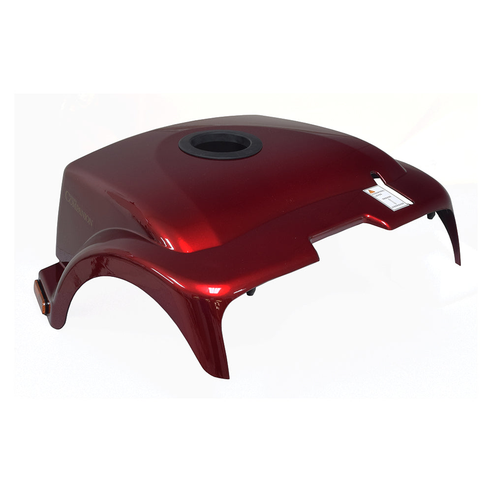 Red Rear Shroud Assembly for Golden Companion I (GC240) and II (GC340, GC440) Scooters (Missing Hardware), featuring a central hole, black circular detail, and white label.