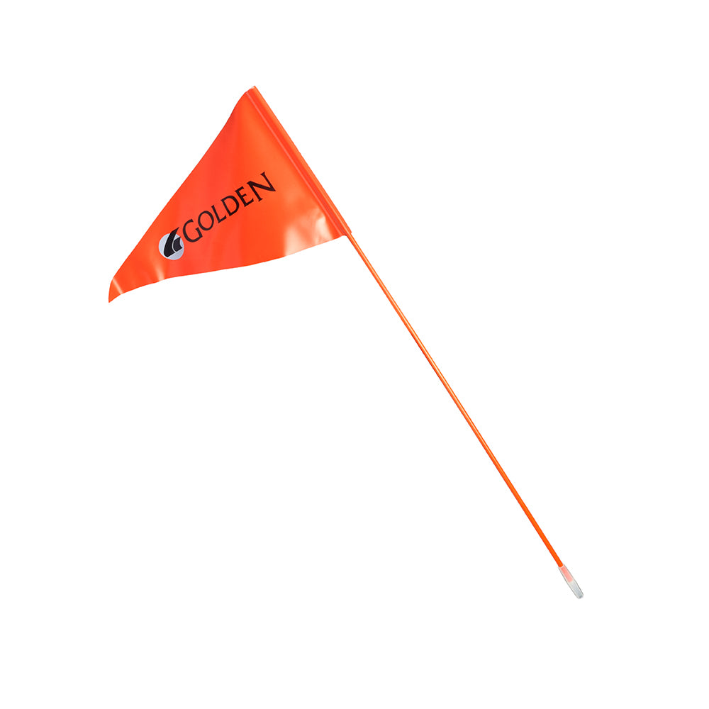 Safety Flag for Golden Technologies Scooters, shown as a small, bright orange flag with black text, designed for easy mounting on scooter backs for enhanced visibility and safety.