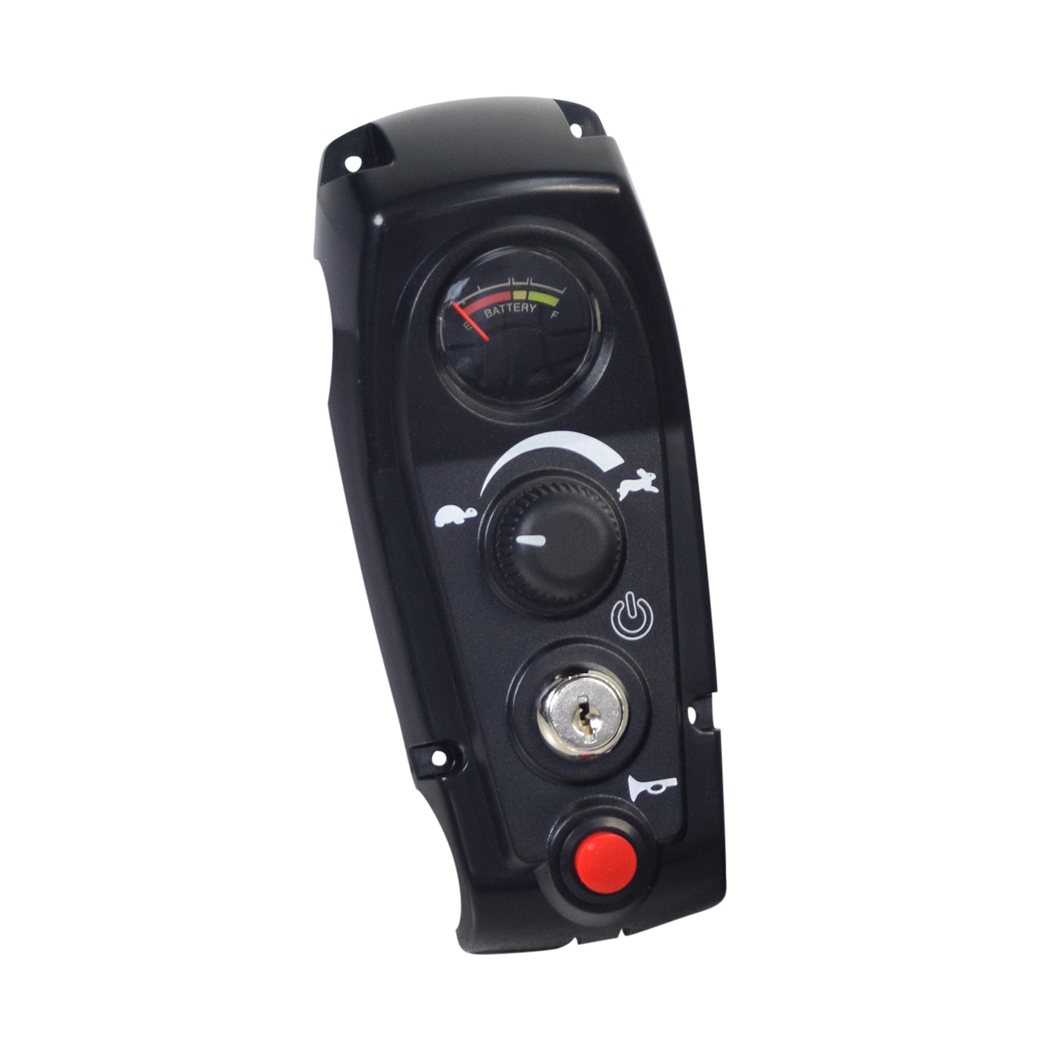 Dashboard Console for the Golden Technologies Buzzaround Lite (GB106) & Buzzaround XL (GB116/GB146), showing buttons, dials, a keyhole, battery gauge, and red horn button on a black surface.