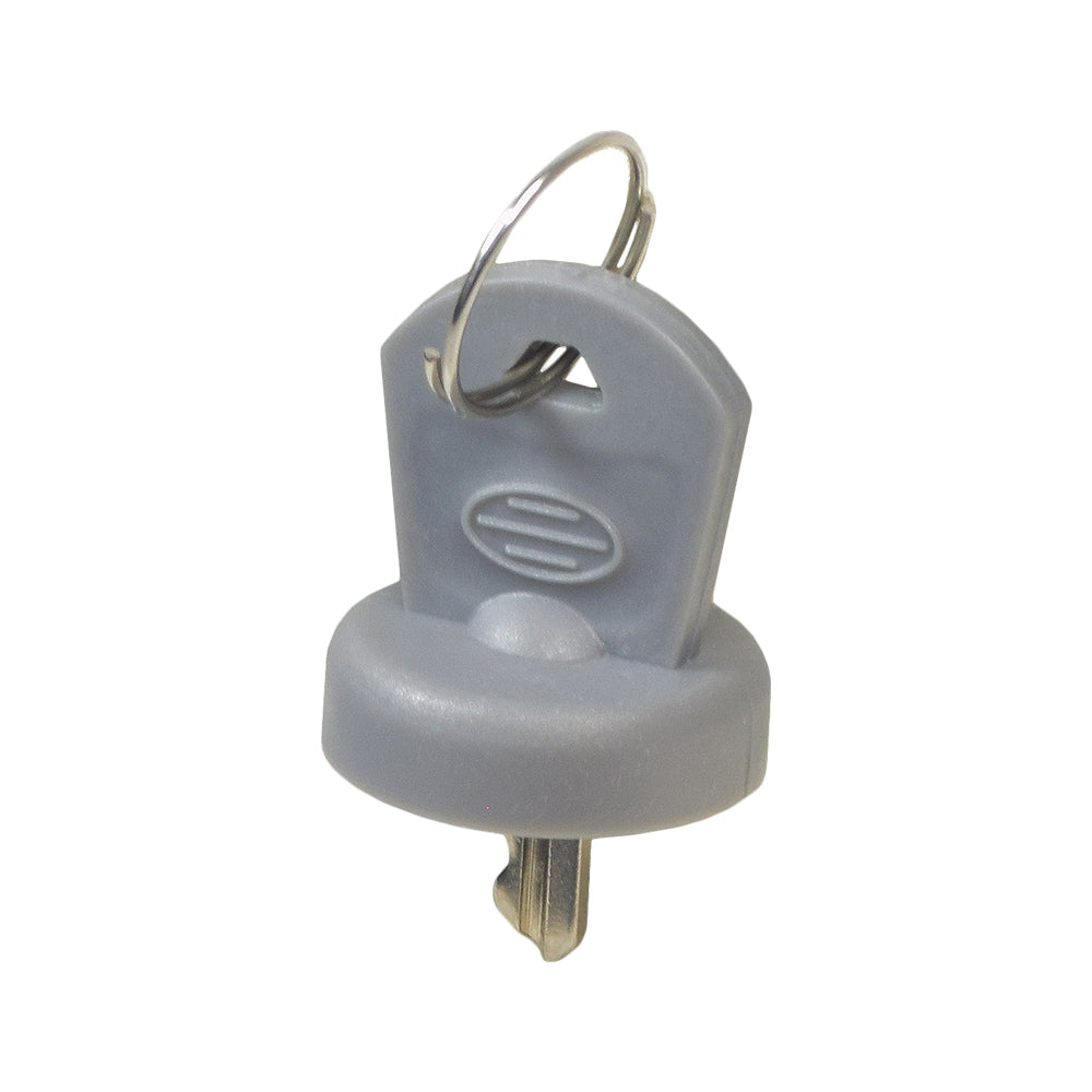 Key for the Golden Technologies Companion I (GC240) and II (GC340, GC440) Scooters (Type 2 Models 2013 and Later) with a close-up of the attached metal ring and grey plastic holder.