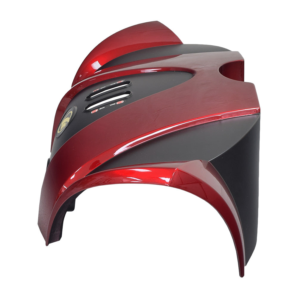 Red Front Shroud Assembly for the Golden Technologies Alante Sport (GP205) power chair, showcasing a sleek design with a close-up of the logo and dashboard elements, highlighting its vibrant and refined appearance.