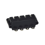 Front Frame to Motor Connector Block for the Golden Technologies Buzzaround Lite & LiteRider, featuring a black plastic body with four nickel electrodes and metal screws for secure harness connection.