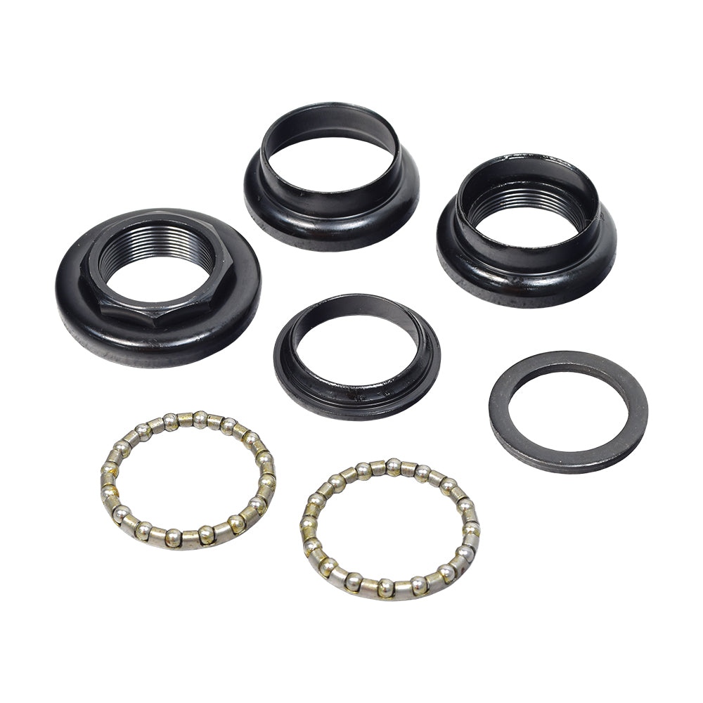 Headset Steering Bearing Kit for 3-Wheel Golden Companion I (GC240), Companion II (GC340), & Avenger (GA531) Mobility Scooters, showing black metal hex nut, cones, ball bearings, and bearing races.