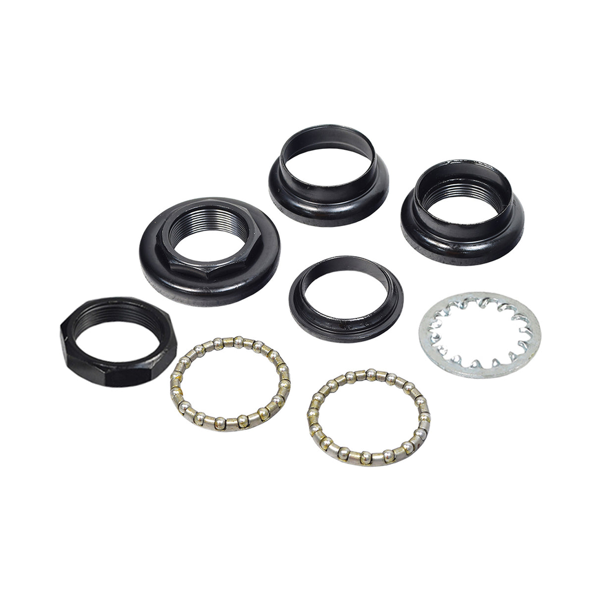 Headset Steering Bearing for 3-Wheel Golden Companion I (GC240), Companion II (GC340), & Avenger (GA531) Mobility Scooters, featuring an 8-piece kit with hex nut, cones, ball bearings, and bearing races.