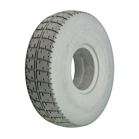 3.00-4 (10x3, 260x85) Flat Free Tire for Golden Technologies Companion II (GC321/421), white tire with central hole, designed for rear rims of early Companion scooters.