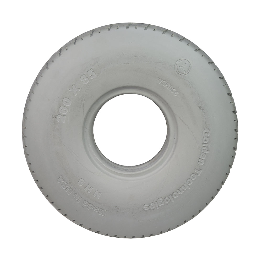 3.00-4 (10x3, 260x85) Flat Free Tire for Golden Technologies Companion II (GC321/421), showing a white tire with a central hole, designed for rear rims of early Companion scooters.