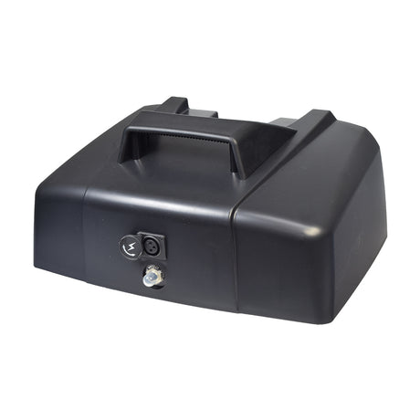 12 Ah Battery Box Lid for the Golden Buzzaround XL & XLS Series Scooters (Blemished), featuring a black rectangular lid with a handle, plug, light bulb, and slight chip on the charger port cover.