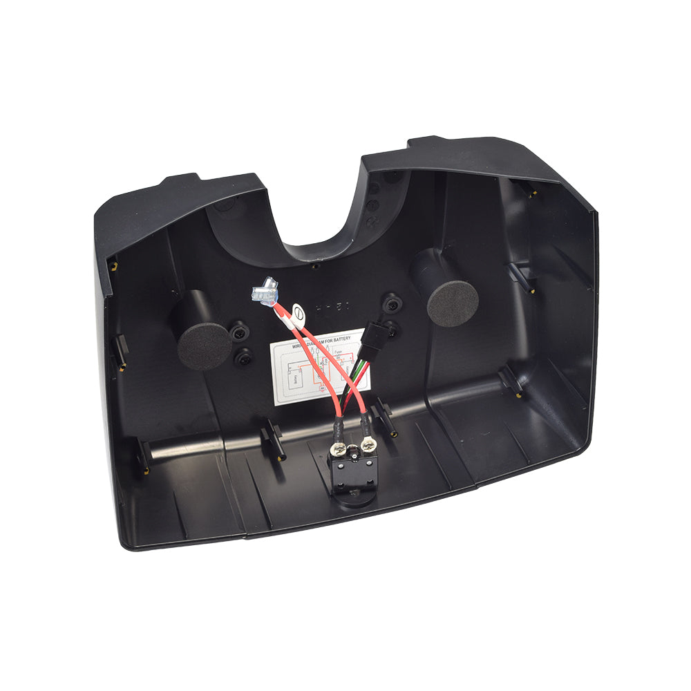 12 Ah Battery Box Lid for the Golden Buzzaround XL & XLS Series Scooters, featuring a black plastic lid with attached wires, designed for battery containment and connectivity through wire harness, charger port, and circuit breaker.