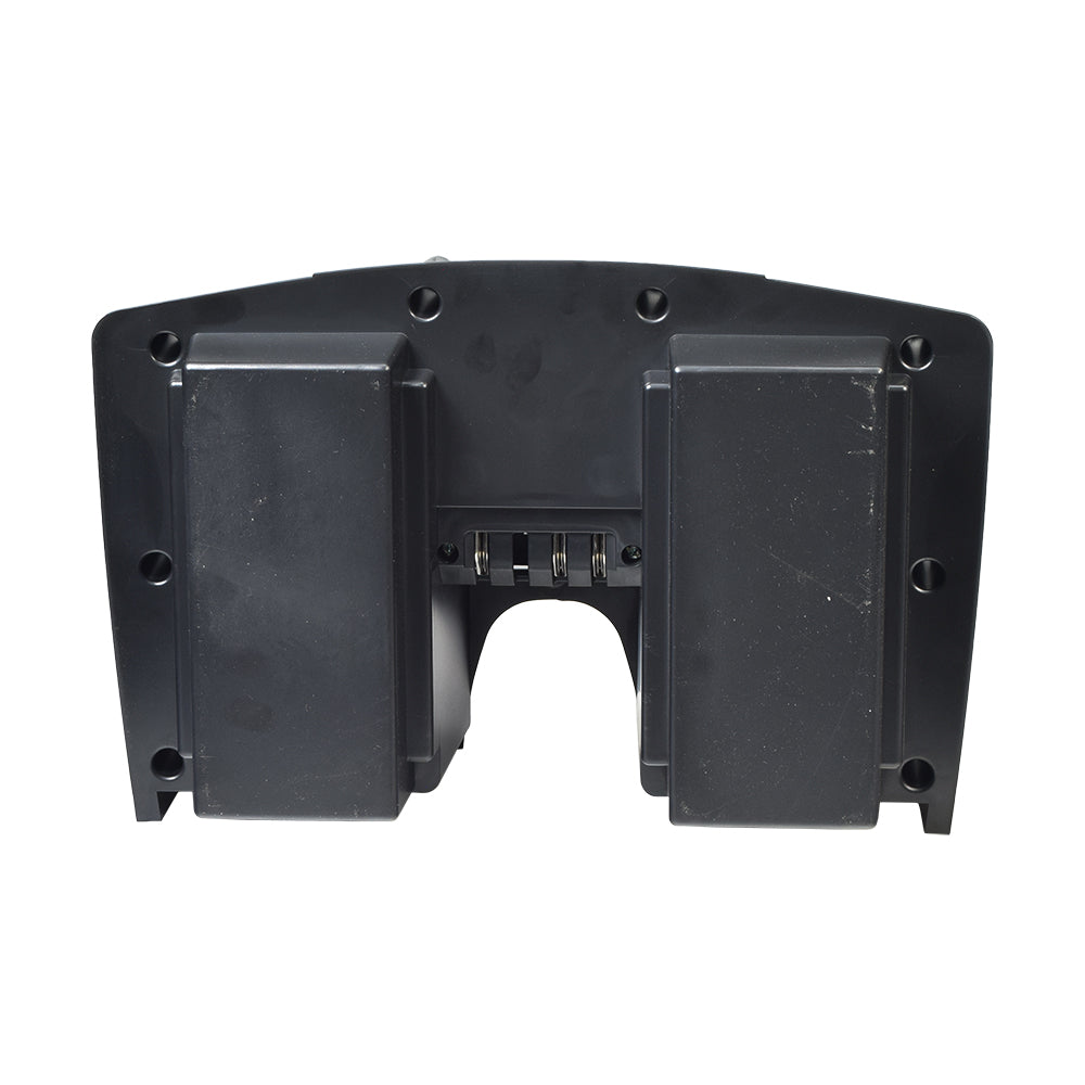 12 Ah Battery Tray for the Golden Buzzaround XL & XLS Series Scooters, featuring a black rectangular design with holes, hardware screws, and a wire harness for 12 Ah or 15 Ah batteries.