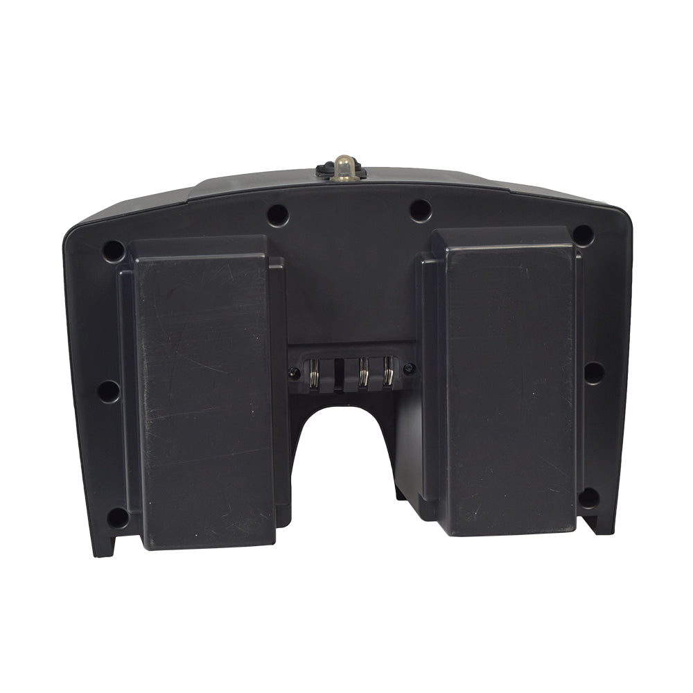 High Capacity Battery Box Assembly for the Golden Buzzaround XLS HD scooter, featuring a compact black rectangular design with a metal handle, visible wiring, and a charger port.