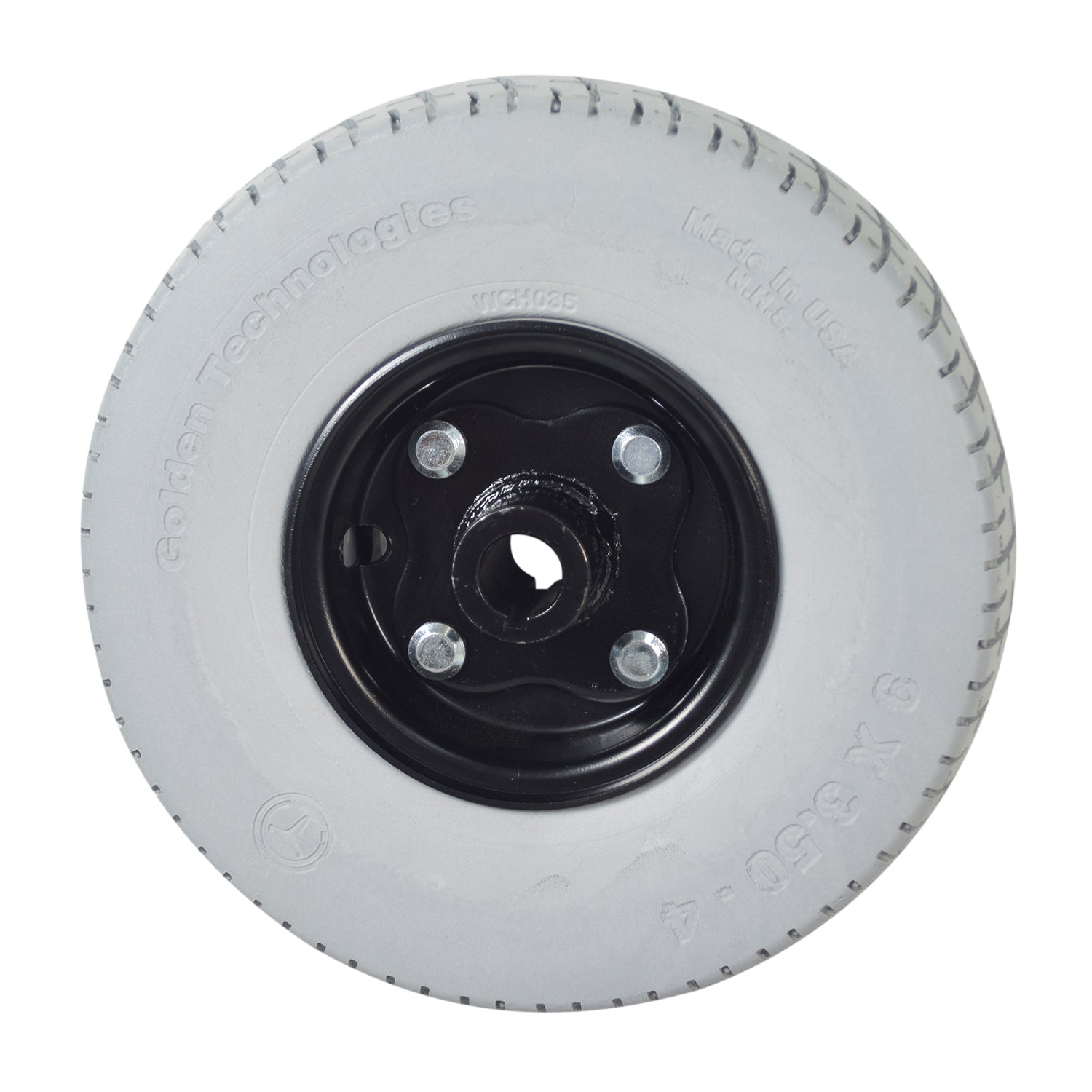 9 x 3.50-4 Foam-Filled Rear Wheel Assembly for the Golden Technologies Companion I, featuring a white wheel with a black rim, designed for durability and flat-free performance.