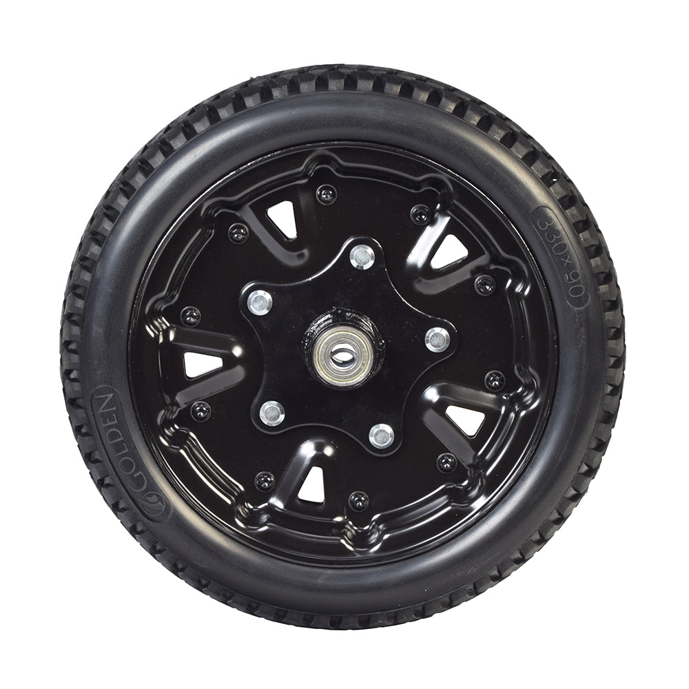 13 Solid Front Wheel Assembly for the Golden Technologies Patriot (GR575) featuring a black non-marking tire with a chrome hubcap, designed for enhanced mobility and durability.