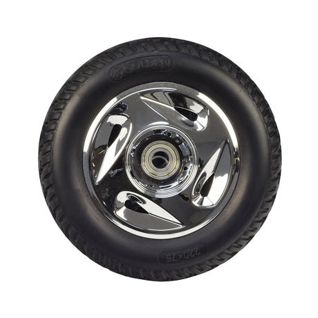 9 Solid Black Front Wheel Assembly for the Golden Technologies LiteRider (GL140) 4-Wheel Scooter, featuring a close-up of a black tire with a shiny chrome rim.