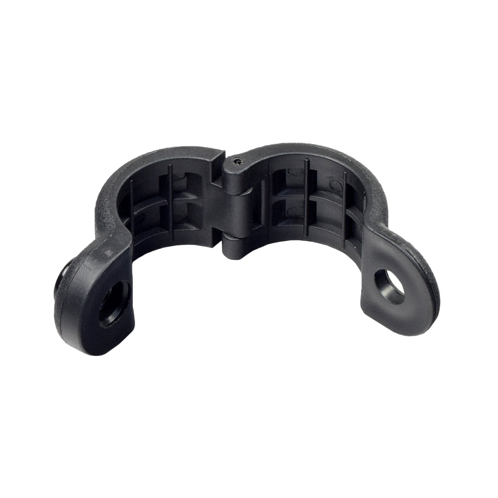 Mirror Mounting Bracket for the Golden Buzzaround, Companion, & LiteRider Series Scooters, featuring a black plastic clip with holes and a hinge, designed to securely attach mirrors to scooter tiller handlebars.