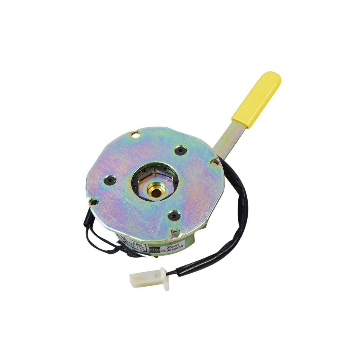 Brake Assembly for the Golden Technologies Buzzaround Lite (GB106) featuring a circular metal component with a yellow handle and attached black wires.