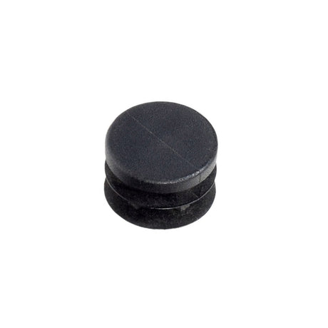 7/8 Black Plug Button for Invacare Power Chairs & Wheelchairs; a close-up view of a small, round, black plastic plug with a smooth surface, designed to cap tubing ends on various Invacare models.