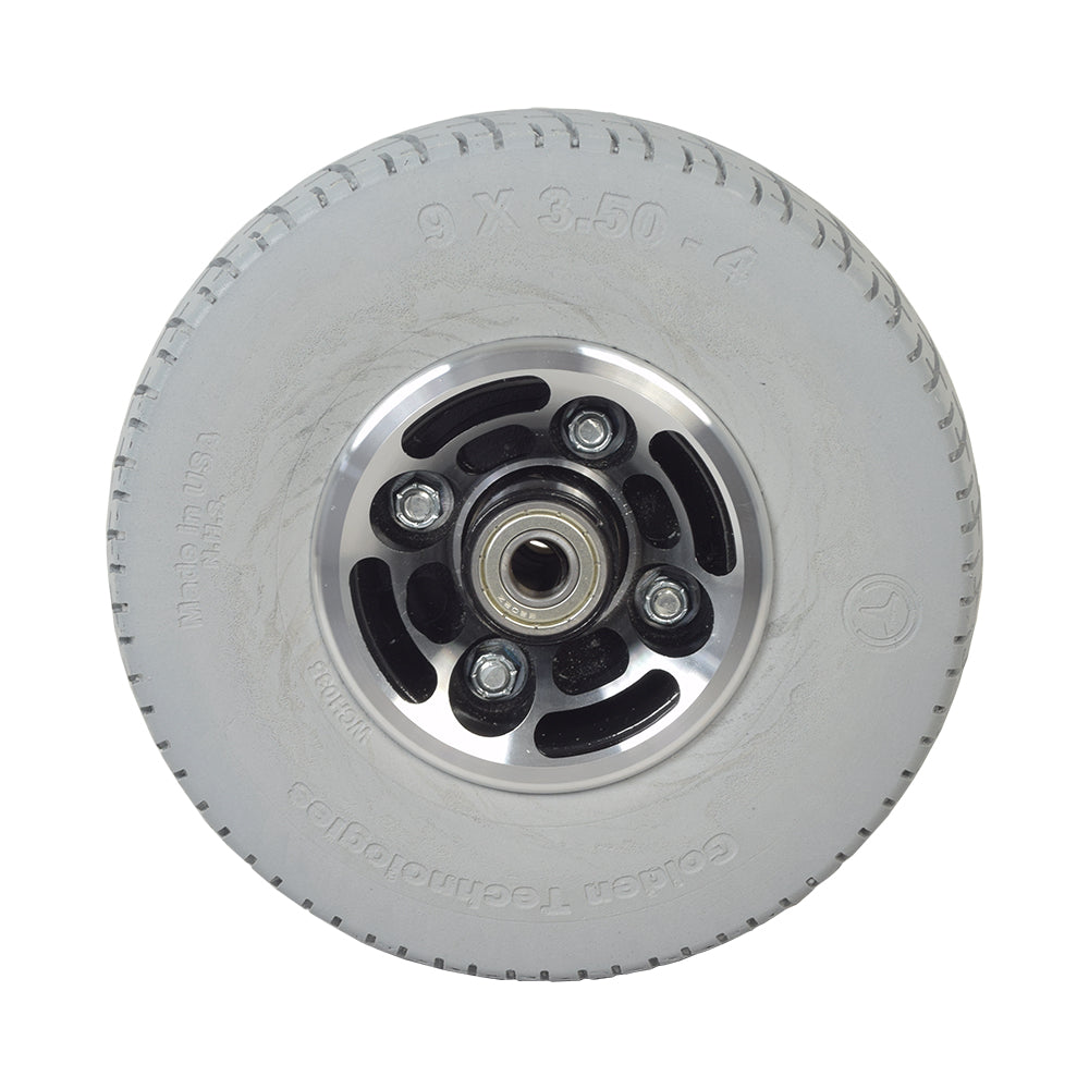 10 Flat-Free Front Wheel Assembly for the Golden Companion II (GC421), featuring a metal rim, treaded tire, and visible bearings, designed for durability and compatibility with 4-wheel mobility scooters.