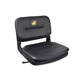 17W x 16D Seat Assembly for the Golden LiteRider (GL141) & LiteRider Mini (GL109), showcasing a black vinyl cushion with a yellow logo featuring a circle and curved sailboat, without armrests or headrest.