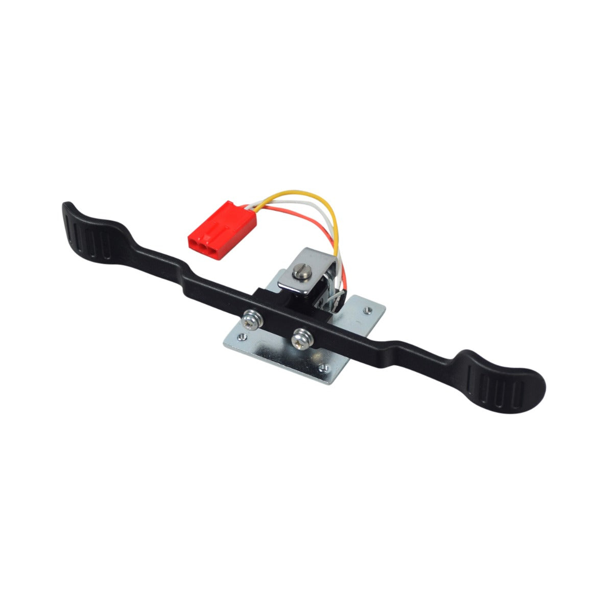 Throttle Potentiometer with Bracket & Lever for Golden Buzzaround XL Scooter, featuring a black and silver device with attached wires and a red cable, showcasing essential components for forward/reverse control.