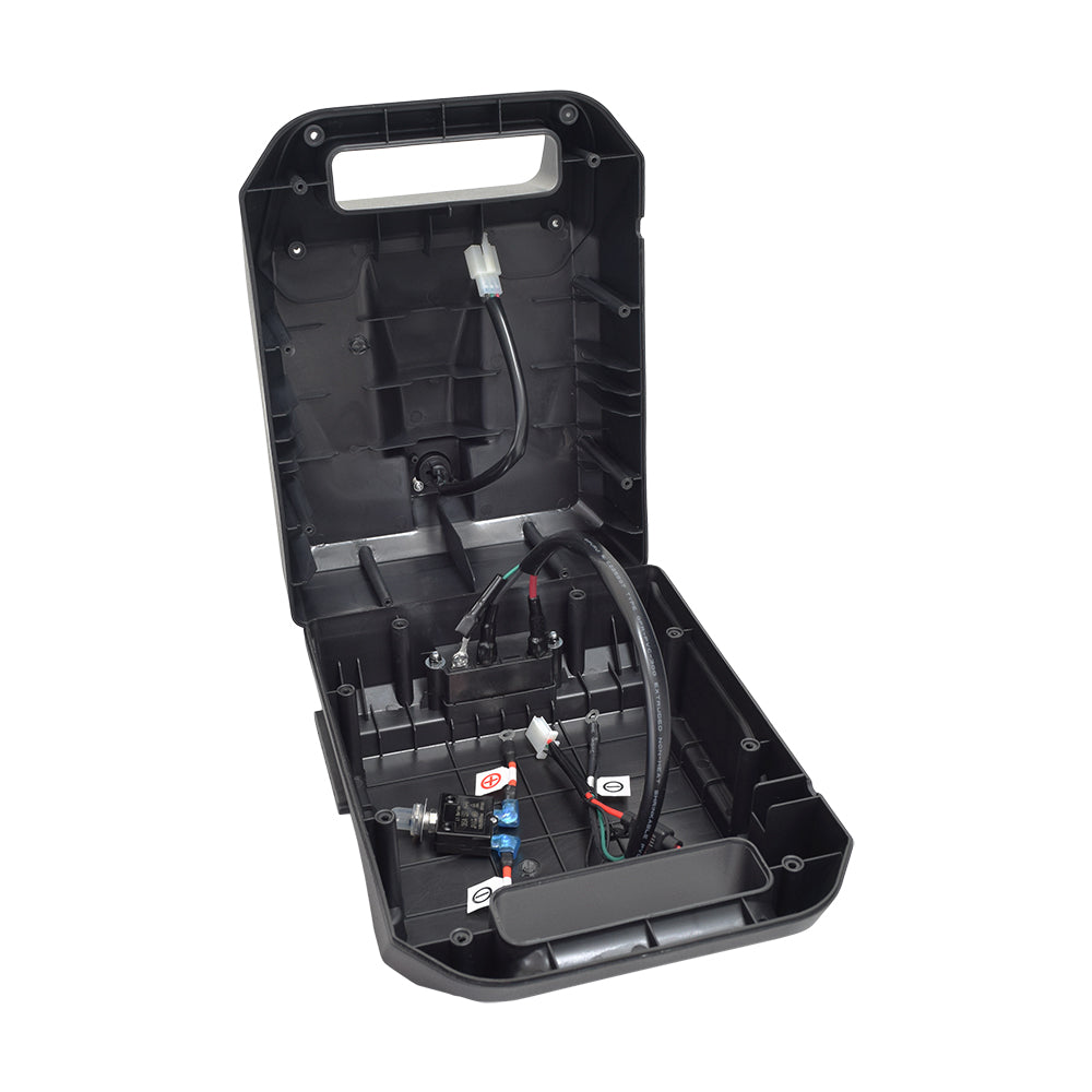 Battery Box Assembly for the Golden LiteRider Envy (GP162) power chair, featuring a black plastic case with attached wires, suitable as a replacement or backup power source.