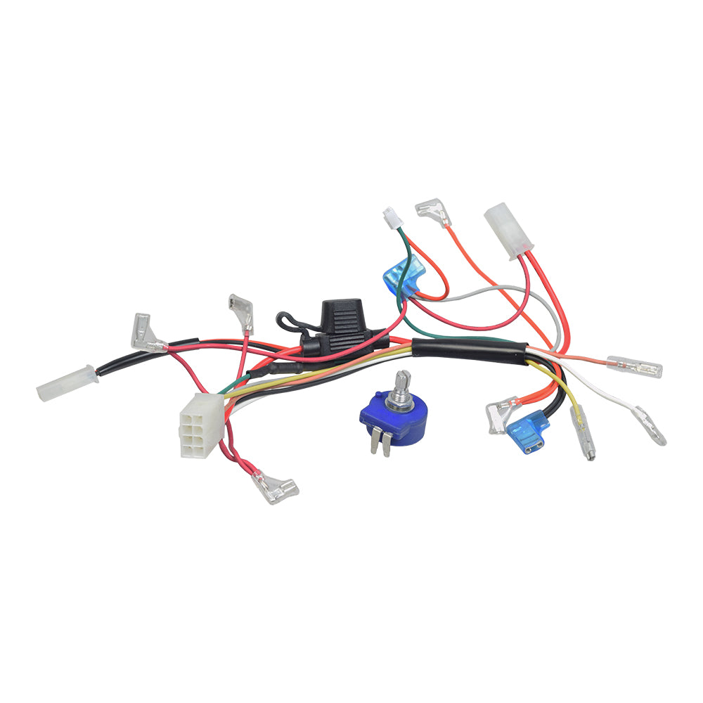 Close-up of the Speed Potentiometer for Golden Technologies Companion I & II scooters, showing several wires, a blue and silver resistor, and a black device component.