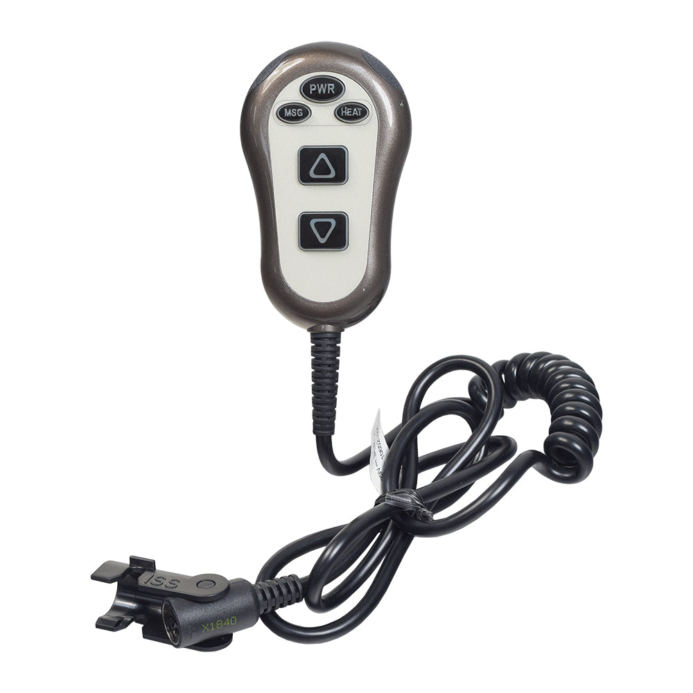 Hand Control with Heat & Massage for the Golden PL340 Lift Chair, featuring a 5-button remote with a wired 9-pin connector and a protective cover, captured in close-up.