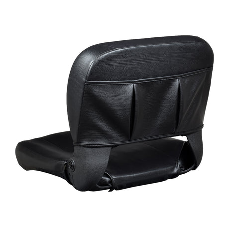 20x18 Black Stadium Seat for Golden Companion I & II, Buzzaround Lite, Buzzaround XL, and LiteRider scooters, featuring pleated black leather upholstery and a contoured backrest.