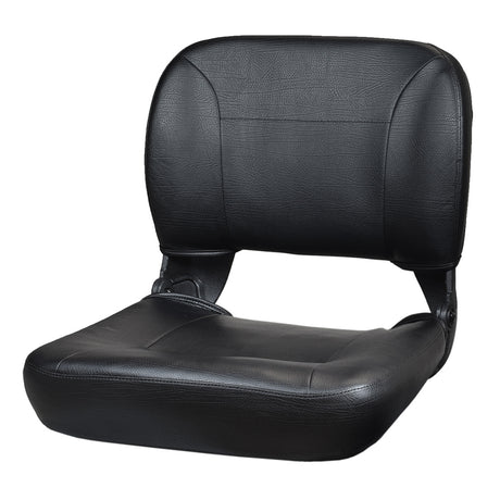 20x18 Black Stadium Seat for the Golden Companion I & II, Buzzaround Lite, Buzzaround XL, and LiteRider scooters, featuring a black leather backrest and seat.