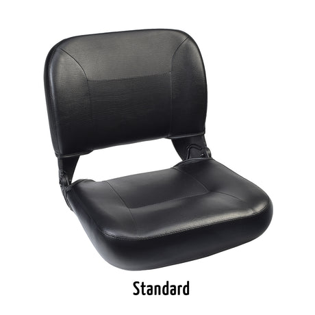 Universal Seat Assembly for Mobility Scooters, featuring black vinyl upholstery and a convenient seatback pouch, designed for compatibility with various scooter models and easy cleaning.