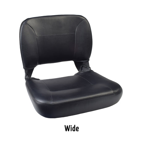 Universal Seat Assembly for Mobility Scooters featuring a black leather seat cushion with a backrest, designed for compatibility with various scooter models.