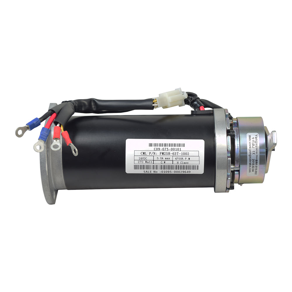 Motor & Brake Assembly for Golden Buzzaround Series (GB107, GB117, GB147, & GB148), featuring a black and silver electric motor with a black battery and visible wires, barcode label, and metal components.