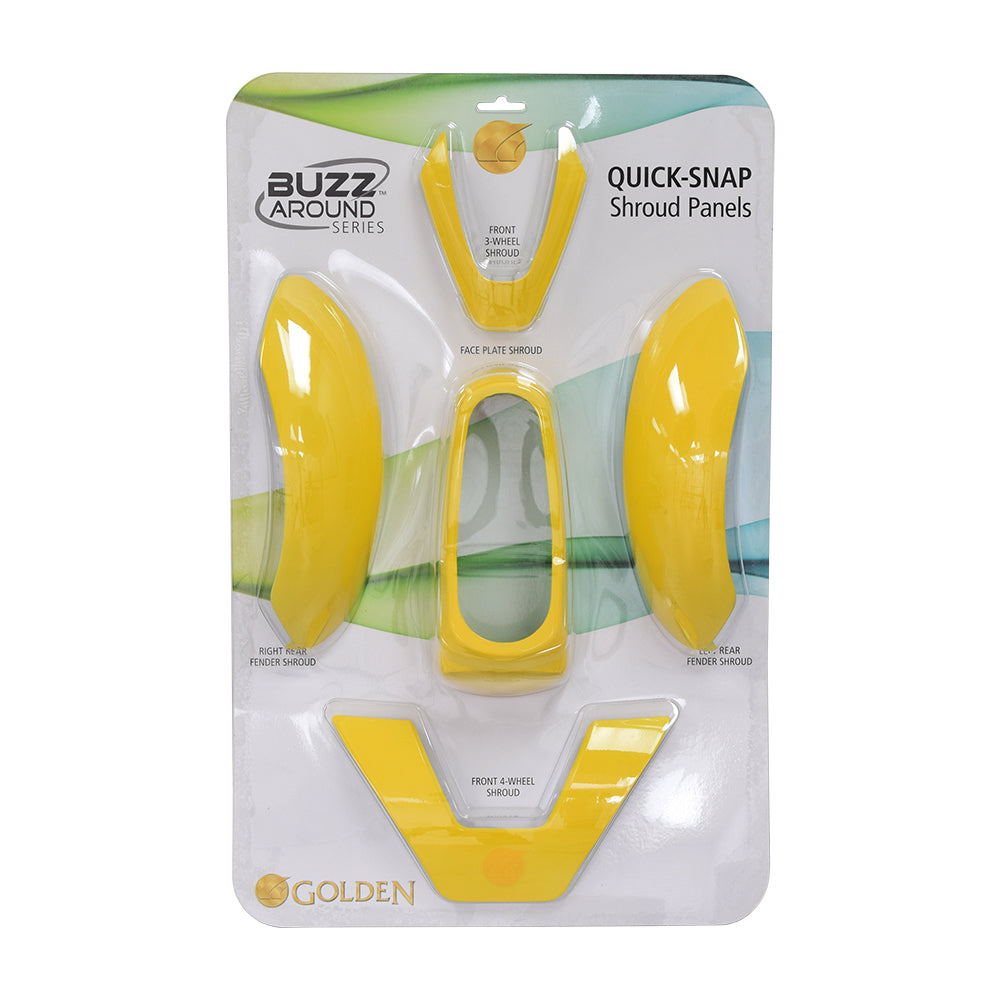 Yellow Body Kit for the Golden Buzzaround XL packaged, showcasing five quick-snap shroud panels and console cover with visible text and bird logo on a transparent bag.