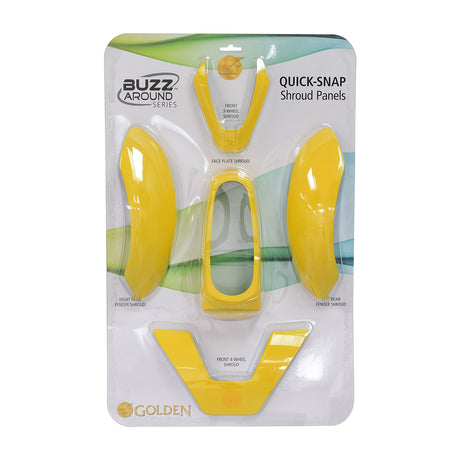 Yellow Body Kit for the Golden Buzzaround XL packaged, showcasing five quick-snap shroud panels and console cover with visible text and bird logo on a transparent bag.