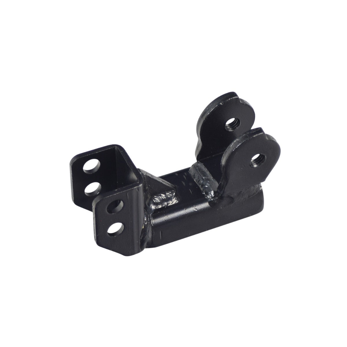 Footplate Bracket for the Golden Literider Envy (GP162) Power Chair, a black metal piece with four holes, designed to secure and fold the footplate up when not in use.