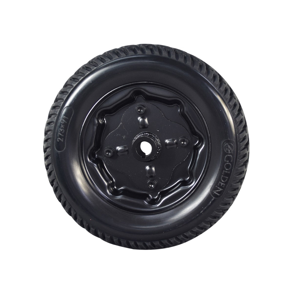 273x91 Rear Wheel Assembly for the Golden Companion II (GC340 & GC440) - VA Models Only, featuring a close-up of a black tire with a central hole, designed for VA model scooters.