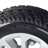 Close-up of the 273x91 Rear Wheel Assembly for the Golden Companion II (GC340 & GC440) - VA Models Only, showcasing the tire's tread and synthetic rubber material.