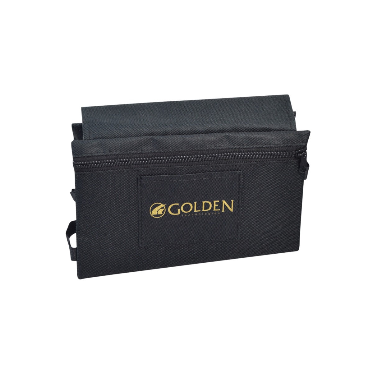 Armrest Saddle Bag for Golden Scooters & Power Chairs featuring a yellow logo, two zippered pouches, and designed to fit over armrests for convenient storage.