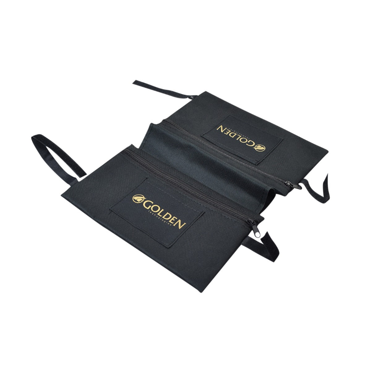 Armrest Saddle Bag for Golden Scooters & Power Chairs featuring two black zippered pouches with gold text, designed for over-the-armrest convenience and universal fit for various models.