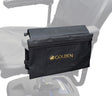 Armrest Saddle Bag for Golden Scooters & Power Chairs shown on a chair, featuring a yellow logo and two zippered pouches, designed for convenient storage on mobility devices with armrests.