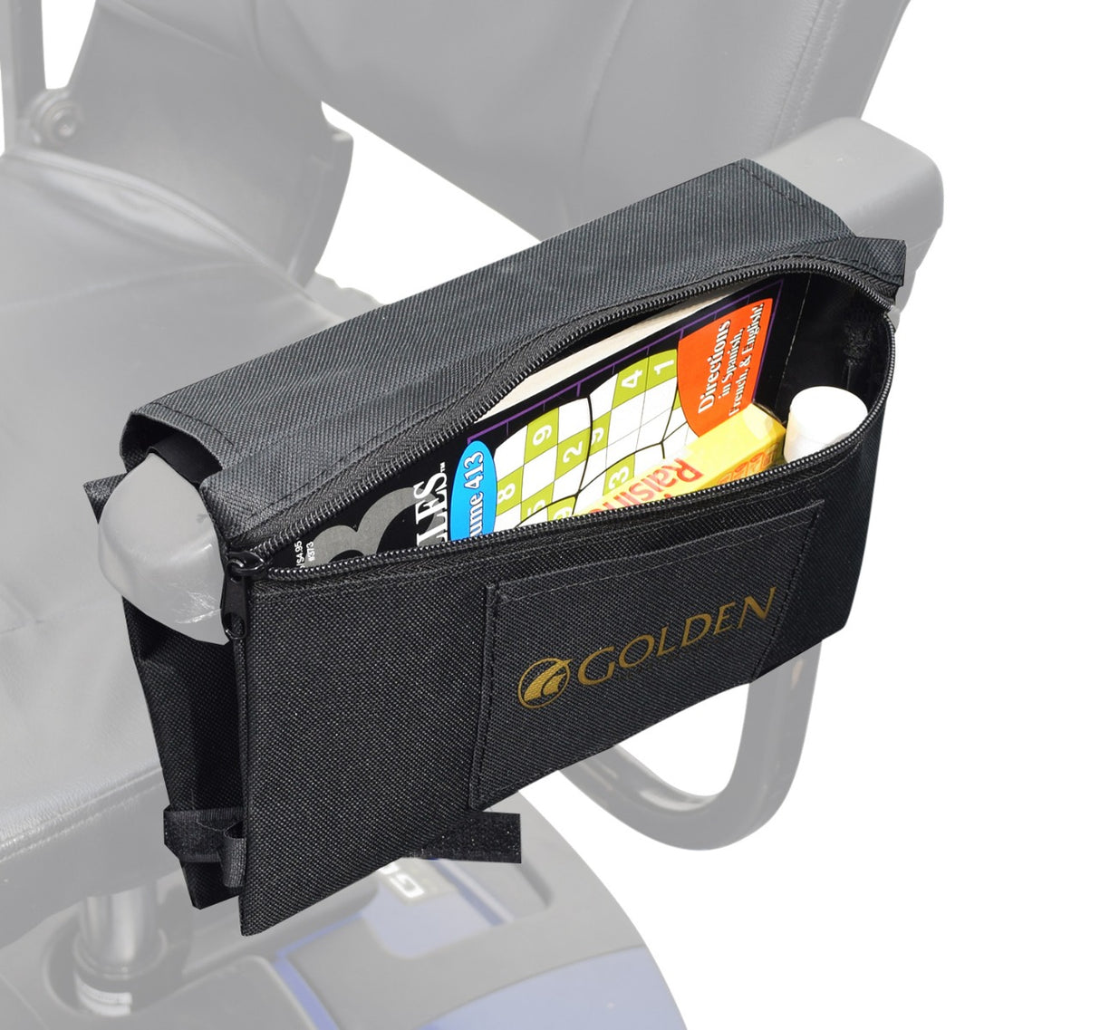 Armrest Saddle Bag for Golden Scooters & Power Chairs featuring two zippered pouches, shown partially open with contents visible inside.