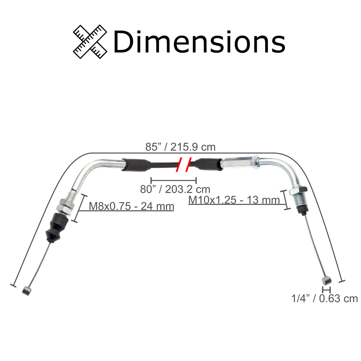 80 Throttle Cable for 50cc, 125cc, & 150cc Scooters, featuring a black sleeve with metal handle and measurement diagram, ideal for various street scooter models.