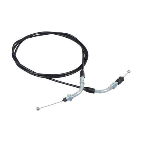 64 Throttle Cable for Honda Elite 80 CH80 featuring a black sleeve with an outer rubber covering to prevent chaffing, showcasing metal ends for secure attachment.